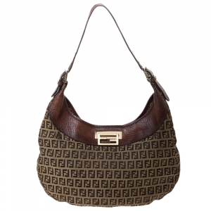 Pre Owned Fendi Brown/Beige Zucchino Canvas and Leather Clip Hobo 