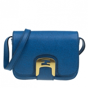Pre Owned Fendi Blue Crosshatched Leather Mini Chameleon Crossbody