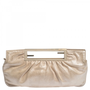 Pre Owned Fendi Metallic Beige Leather Cutout Handle Clutch