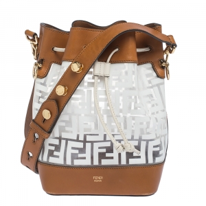 Pre Owned Fendi White/Tan Zucca PVC and Leather Grande Mon Tresor Bucket Bag