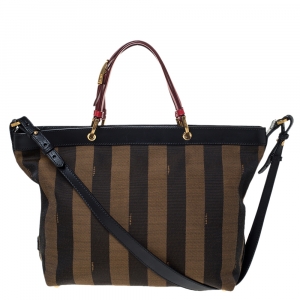 Pre Owned Fendi Tobacco Pequin Striped Canvas and Leather Large Tote