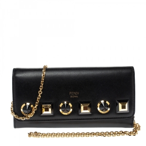 Pre Owned Fendi Black Leather Studded Wallet On Chain