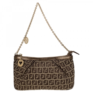 Fendi Brown Zucchino Canvas and Leather Studdded Baguette Bag