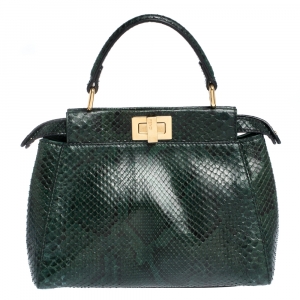 Pre Owned Fendi Green Python Mini Peekaboo Top Handle Bag