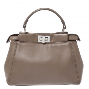 Pre Owned Fendi Beige Leather Mini Peekaboo Top Handle Bag
