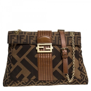 Fendi Tobacco Zucca Canvas and Leather Maxi Baguette Flap Shoulder Bag