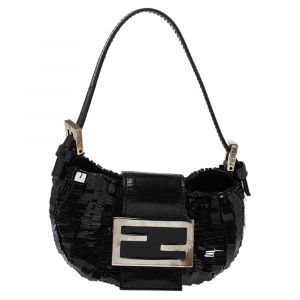 Pre Owned Fendi Black Sequin and Leather Bag