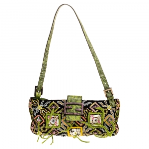 Pre Owned Fendi Multicolor Bead Embroidered Fabric and Lizard Mama Baguette Bag