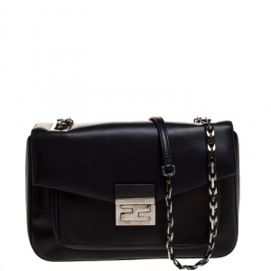 Pre Owned Fendi Black Leather Flap Shoulder Bag