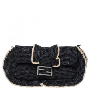 Pre Owned Fendi Black Woven Straw and Leather Flap Shoulder  Bag