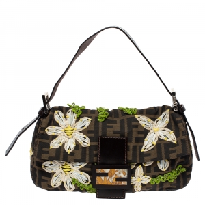 Pre Owned Fendi Tobacco Zucchino Embroidered Canvas and Leather Mama Baguette Bag