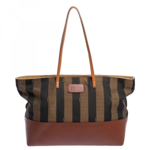 Pre Owned Fendi Brown Pequin Canvas, Leather  and Suede Roll Tote