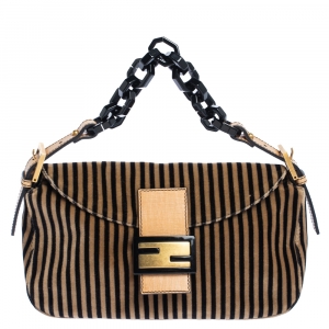 Pre Owned Fendi Black/Brown Velvet and Leather Mama Baguette Bag