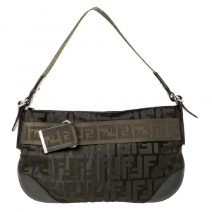 Pre Owned Fendi Green Zucca Nylon and Leather Pochette Bag