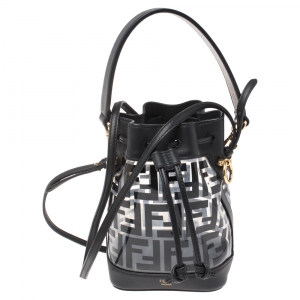 Pre Owned Fendi Black Zucca Pvc and Leather Mini Mon Tresor Drawstring Bucket Bag