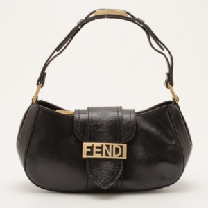 Pre Owned Fendi Black Leather Logo Pochette Bag 