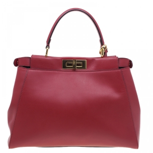 Pre Owned Fendi Red Calfskin Medium Peekaboo Tote