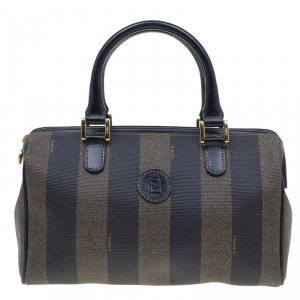 Pre Owned Fendi Black Pequin Tote Boston Bag