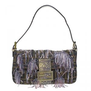Fendi Zucca Python and Canvas Baguette Beads Shoulder Bag 