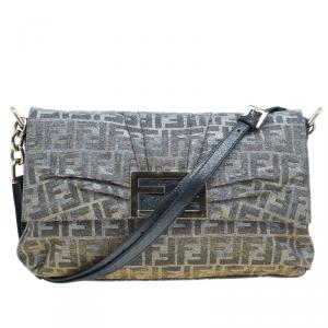Pre Owned Fendi Metallic Gold/Silver Canvas Glitter Jacquard Mia Zucca Flap Bag