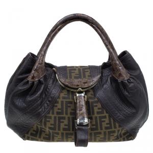 Pre Owned Fendi Brown Leather Canvas Limited Edition Tortoise Spy Bag 