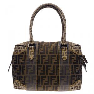 Pre Owned Fendi Brown Zucca Canvas Mixed Media Boston Bag