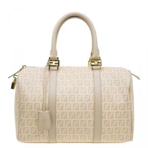 Pre Owned Fendi Beige Zucchino Coated Canvas Forever Bauletto Boston Bag
