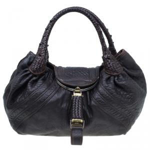 Pre Owned Fendi Dark Brown Leather Large Spy Hobo Bag
