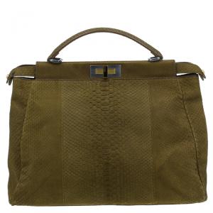 Pre Owned Fendi Military Green Matte Python Leather Large Peekaboo Bag