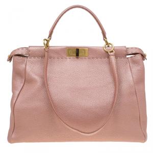 Pre Owned Fendi  Metallic Pink Selleria Leather Large Peekaboo Top Handle Bag