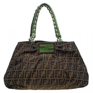 Pre Owned Fendi Tobacco/Green Zucca Canvas Large Mia Shoulder Bag