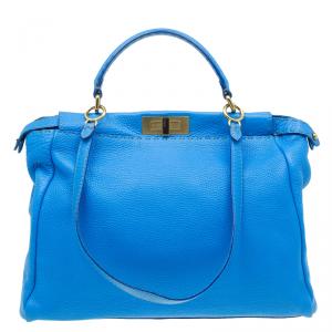Pre Owned Fendi Blue Selleria Leather Large Peekaboo Top Handle Bag