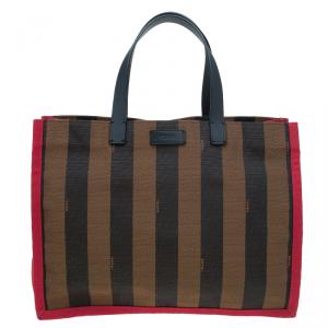 Pre Owned Fendi Tobacco/Red Pequin Canvas Simply Shopping Tote