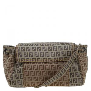 Pre Owned Fendi Beige/Brown Zucchino Coated Canvas Drawstring Flap Crossbody Bag