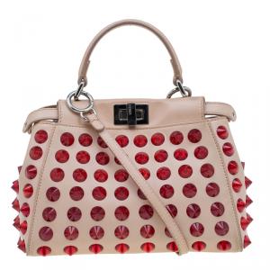 Pre Owned Fendi Pink/Red Leather Mini Studded Peekaboo Top Handle Bag