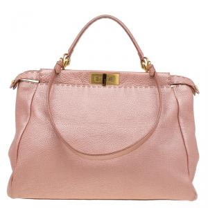 Pre Owned Fendi Metallic Pink Selleria Leather Large Peekaboo Top Handle Bag
