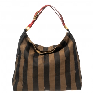 Pre Owned Fendi Tobacco/Red Pequin Striped Canvas and Leather Large Hobo