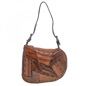 Pre Owned Fendi Brown/Black Wool/Lizard and Wooden Patchwork Oyster Bag