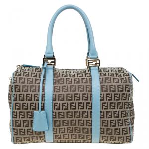 Pre Owned Fendi Blue and Beige Zucchino Canvas Forever Bauletto Boston Bag