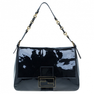 Pre Owned Fendi Black Patent Large Mamma Forever Flap Shoulder bag