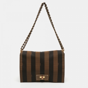 Pre Owned Fendi Tobacco Pequin Stripe Canvas Large Claudia Shoulder Bag