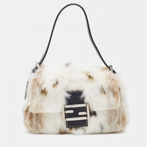 Fendi White/Brown Rabbit Fur Baguette Bag
