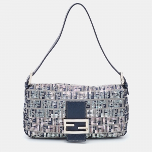 Fendi Navy Blue Fabric Zucchino Crystal Embellished Baguette