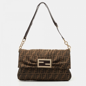Pre Owned Fendi Tobacco Zucca Canvas and Patent Leather Mia Flap Shoulder Bag