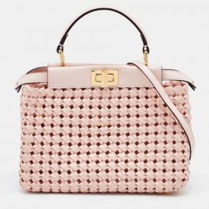 Pre Owned Fendi Pink Woven Leather Mini Peekaboo Top Handle Bag