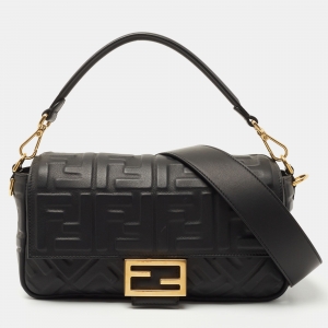 Fendi Black Zucca Embossed Leather Medium Baguette Bag