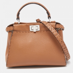 Pre Owned Fendi Brown Selleria Leather Mini Peekaboo Top Handle Bag