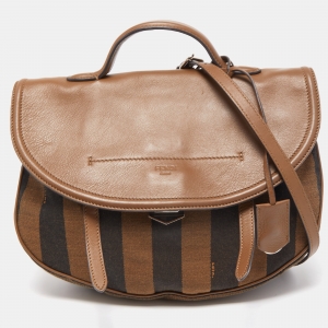 Pre Owned Fendi Tobacco Stripe Canvas and Leather Saddle Top Handle Bag