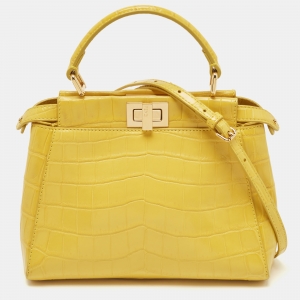 Pre Owned Fendi Yellow Crocodile Leather Mini Peekaboo Top Handle Bag
