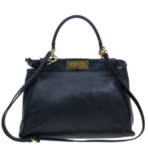 Pre Owned Fendi Black Calfskin Leather Small Peekaboo Tote